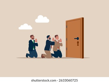 Busca de emprego. Equipe de negócios está de joelhos e pedir ajuda em nova posição para novo escritório. Equipe de negócios procurando novas oportunidades. RH, recrutamento. Reza para abrir a porta. Ilustração vetorial