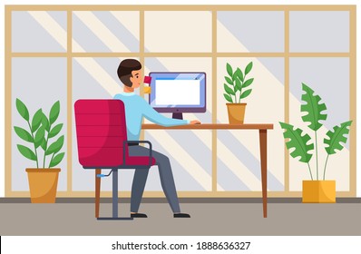 Job search candidate concept. Character young man using computer searching for job in internet. Recruitment agency hiring technology, human resources. Guy sits at a table works with laptop back view