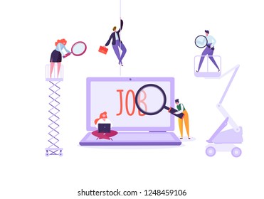 Job search candidate concept. Characters using laptop searching for job. Recruitment agency hiring technology, human resources. Vector illustration