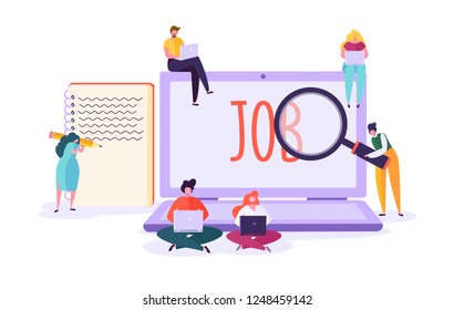 Job Search Candidate Concept. Characters Using Laptop Searching For Job. Recruitment Agency Hiring Technology, Human Resources. Vector Illustration