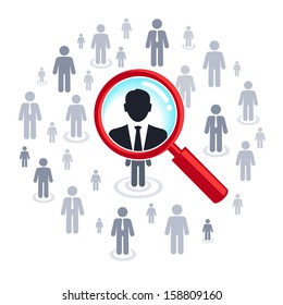 Job search and career choice employment concept, magnifying glass searching people 