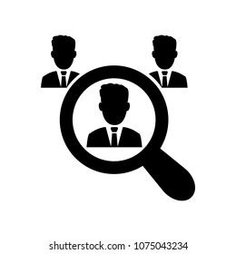 Job search and career choice, magnifying glass searching people for presentation, training, marketing, design, web. Can be used for creative template, logo, sign, craft. Isolated on white background. 
