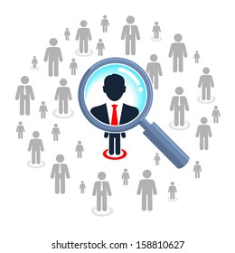 Job search and career choice, magnifying glass searching people 