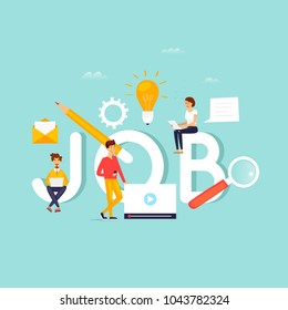 Job search, career, freelance, employment, recruitment. Inscription work and people. Flat design vector illustration.