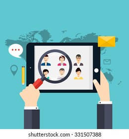 Job Search And Career. Human Resources Management And Head Hunter Searching. Social Network And Social Media Concept. Business Flat Vector Illustration.