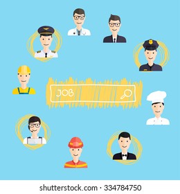 Job search and career. Human resources management and head hunter searching. Career choices: businessman, doctor, artist, designer, cook, police, teacher, pilot, admin. Vector illustration.