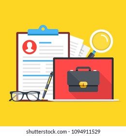 Job search, career opportunity. Clipboard with CV, application form, magnifying glass, pen, glasses and laptop with briefcase on screen. Modern concept. Flat design. Vector illustration
