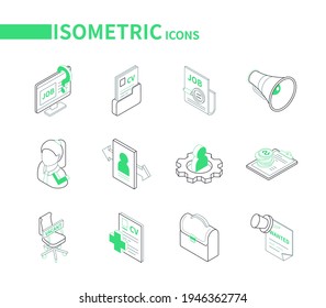 Job search - colorful isometric line icons set. HR and employment idea. Company website, resume in a folder, megaphone, portfolio, female worker, open vacancy and income, candidate profile images