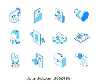 Job Search - Colorful Isometric Line Icons Set. HR And Employment Idea. Company Website, Resume In A Folder, Megaphone, Portfolio, Female Worker, Open Vacancy And Income, Candidate Profile Images