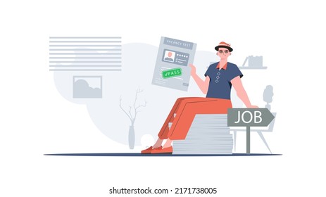 Job search concept. The guy holds in his hands the passed test for a vacancy. Vector illustration in a flat style.