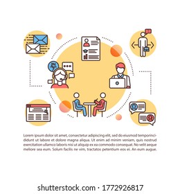Job search concept icon with text. Sending resume, job interview, employment opportunities PPT page vector template. Brochure, magazine, booklet design element with linear illustrations
