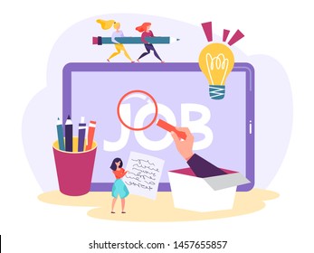 Job search concept. Idea of employment and recruitment. Person with qualification looking for job. Interview with HR. Vector illustration in cartoon style