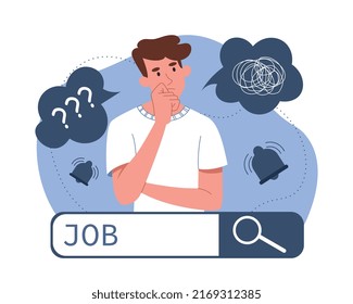 Job search concept. Man looking for suitable vacancies, aspiring specialist. Pensive guy near search box, metaphor for financial crisis and economic problems. Cartoon flat vector illustration