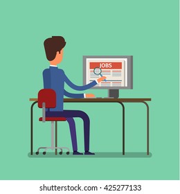 Job search concept. Man looking for a job on the Internet. Flat design, vector illustration.
