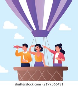 Job search concept. Man and woman in hot air balloon look through binoculars. Candidates looking for vacancies, unemployed. Lack of jobs, laid off employees. Cartoon flat vector illustration