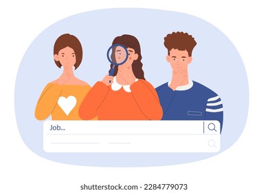 Job search concept. Man and women with magnifying glass. Potential job candidates and unemployed young professionals. Website search engine. Dismissed people. Cartoon flat vector illustration