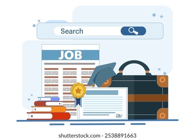 job search concept. new graduates looking for job information. job search and recruitment. websites and services. graduates with search bar. flat vector illustration on background.