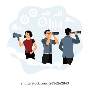 Job search concept. People with loudspeakers and binoculars looking for new business or job opportunities.