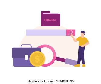 job search concept or project. illustration of people using search sites. magnifying glass, briefcase, books, gears, document folders and coins. flat style. design elements