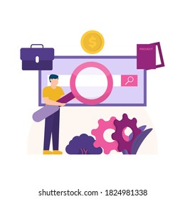 job search concept or project. illustration of a person holding a magnifying glass and using a search site. briefcases, books, gears, and coins. flat style. design elements