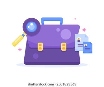 job search concept. searching for information about job vacancies. illustration of a briefcase with magnifying glass and resume document symbol. flat style design. graphic elements