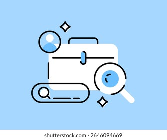 a job search concept. job search service. recruitment and hiring. illustration of a briefcase with magnifying glass, search bar. flat style design with outline. asset element symbol