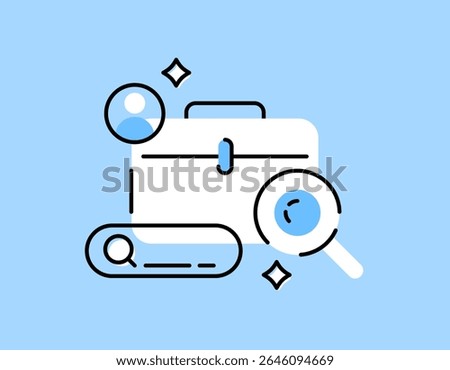 a job search concept. job search service. recruitment and hiring. illustration of a briefcase with magnifying glass, search bar. flat style design with outline. asset element symbol