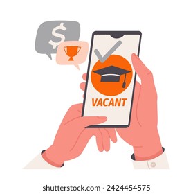 Job search concept. Smartphone with work app. Collaboration and cooperation. Headunting and recruiting. Poster or banner for website. Cartoon flat vector illustration isolated on white background