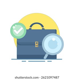 conceito de pesquisa de emprego, informações sobre vagas de emprego. recrutamento e admissão. procurando informações sobre o cargo. pasta com lupa e marca de seleção. Conceito de design de estilo plano no plano de fundo.