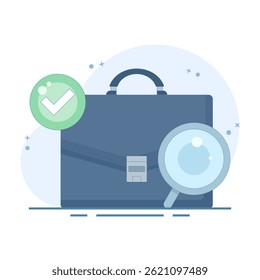 conceito de pesquisa de emprego, informações sobre vagas de emprego. recrutamento e admissão. procurando informações sobre o cargo. pasta com lupa e marca de seleção. Conceito de design de estilo plano no plano de fundo.