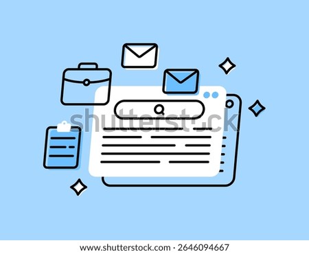 a job search concept. job vacancy information search service. recruitment and hiring. illustration of a webiste window with, briefcase, email, and clipboard symbols. flat style design with outline