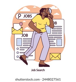 Job Search focus. Diligent candidate scrutinizes listings to unearth career opportunities. The quest for the right role begins here. Vector illustration.