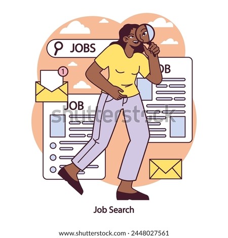 Job Search focus. Diligent candidate scrutinizes listings to unearth career opportunities. The quest for the right role begins here. Vector illustration.