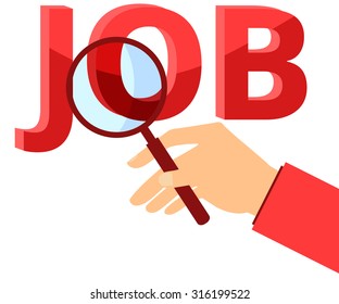 Job search. Hand holding a magnifying glass. The inscription. Job word showing through magnifying glass held by hand. 