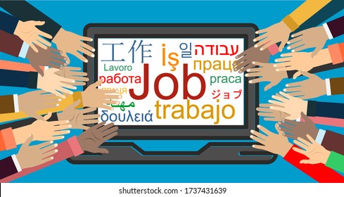 Job search. Hands reaching for laptop out to get online job. freelance. Competition in the labor job market. Illustration in flat style.