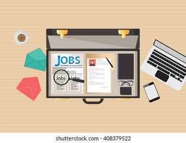 Job search icon design, open suitcase with Job search, laptop, glasses, smartphone, Magnifying glass and cup of coffee, conceptual vector illustration.