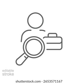 Job Search Icon. Outline Style. Editable Stroke Vector. Employee Looking for Work with Briefcase and Magnifying Glass. Labor Shortage, Hiring, Recruitment, and Employment Search Concept Illustration.