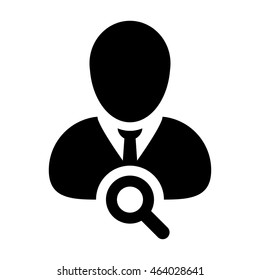 Job search icon vector male user person profile avatar with magnifying glass symbol in flat color glyph pictogram illustration