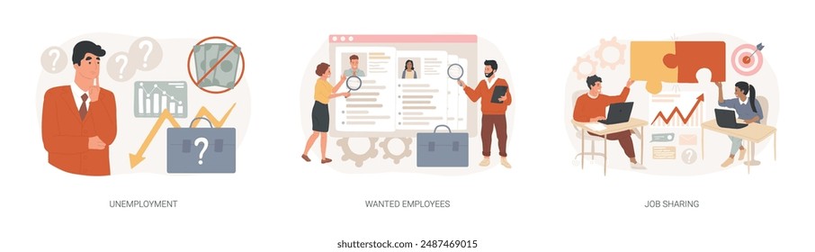 Conjunto de Ilustración vectorial de concepto aislado de búsqueda de empleo. Desempleo, empleados buscados, trabajo compartido, estamos contratando, vacantes abiertas, horario de trabajo, únase a nuestro equipo, concepto de Vector de responsabilidad.