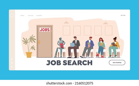 Job Search Landing Page Template. Robots and Human Applicants Characters Waiting in Queue for Hiring Interview at Office Hall. Hr, Cyborg VS People Workers Employment. Cartoon Vector Illustration