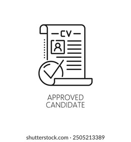 Icono de línea de búsqueda de empleo para CV aprobado para vacante de trabajo, pictograma de Vector. Caza de la cabeza y el icono de la línea de contratación del personal del empleado para el solicitante de empleo y la Aprobación profesional del currículum vitae