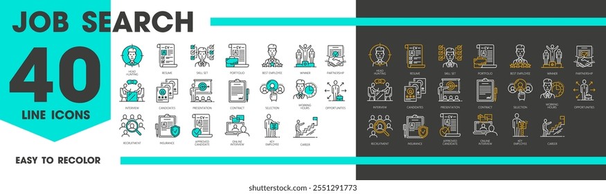 Ícones de linha de pesquisa de emprego, recrutamento e caça à cabeça ou educação do pessoal, pictogramas vetoriais. Ícones de recrutamento e headhunt do currículo do CV e entrevista de candidato a vaga de funcionário para progressão de carreira