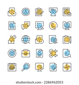 Symbole der Arbeitssuche Set von Beschäftigungssymbolen. Schwarz, Blau und Gelb. Modernes Rahmendesign. Vektorliniensymbole