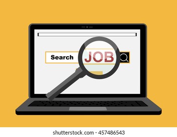 Job search. Magnifying glass focusing on the word "job" in laptop.  Conceptual Vector flat illustration.