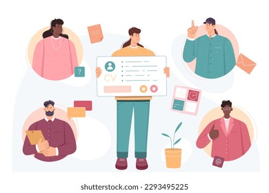 Job search of man holding CV vector illustration. Cartoon HR team inside round frames recruiting tiny person with resume, process of interview with headhunters looking on happy applicant character
