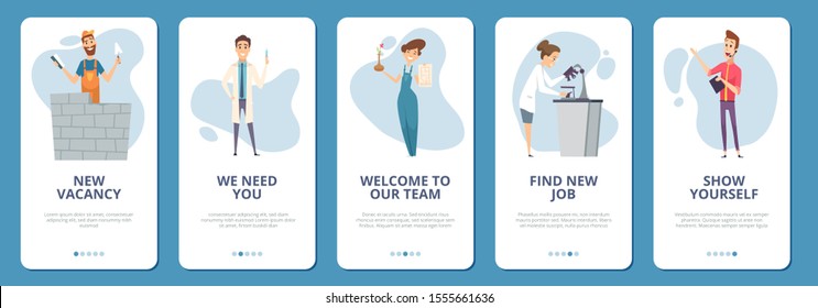Job search mobile app pages. Different professionals banners. Vector doctor builder architect chemist characters. Hiring, vacancy concept
