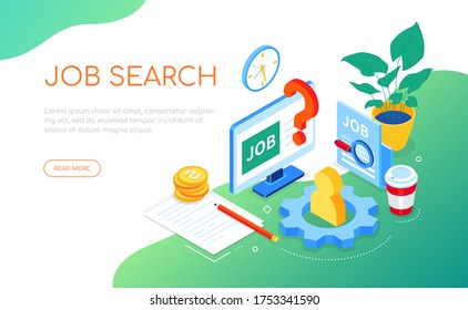 Job search - modern colorful isometric web banner with copy space for text. HR and employment idea. Recruitment company website, open vacancy and partnership agreement, candidate profile images