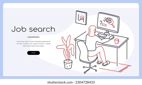 Job search - modern colorful line design style banner with copy space for text. Composition with girl looking at vacancies sitting at a computer desk. Unemployment, career and online work idea