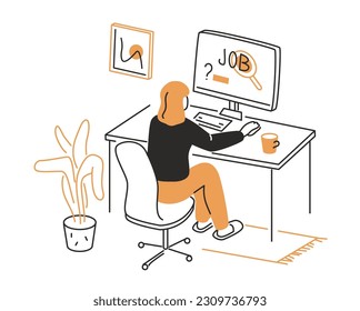 Job search - modern line design style illustration on white background. Composition with girl looking at vacancies sitting at a computer desk. Unemployment, career and online work idea