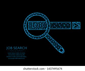 Job search on the Internet poly design, magnifying glass and search box  abstract geometric image, SEO wireframe mesh polygonal vector illustration made from points and lines on black background